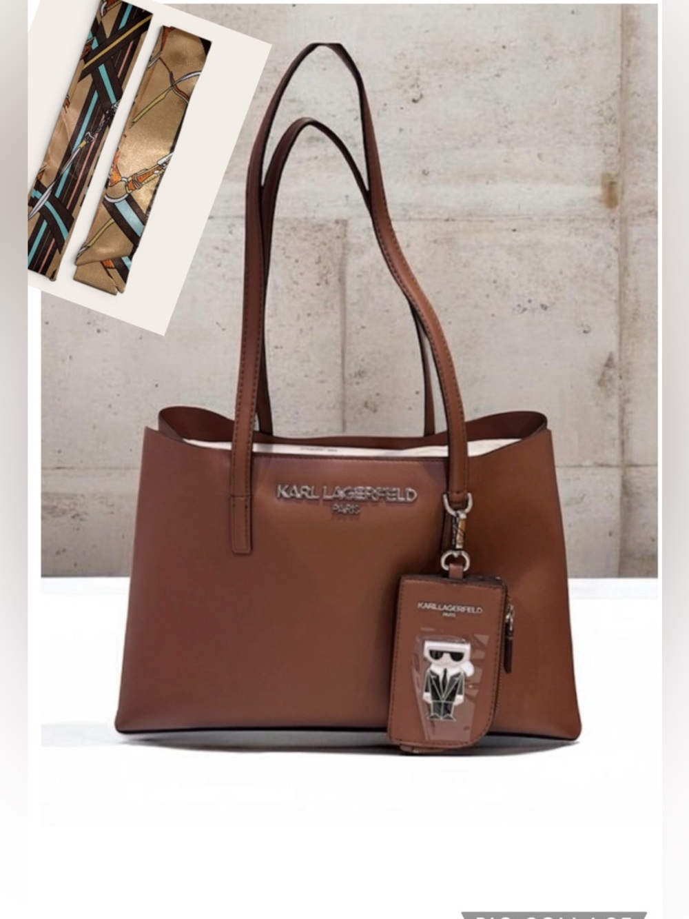 NWT Karl Lagerfeld Paris Maybelle Tote Shoulder Bag Caramel Brown Plus ONE Scarf